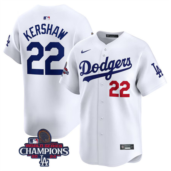 Los Angeles Dodgers #22 Clayton Kershaw White 2024 World Series Champions Home Limited Stitched Jersey - Click Image to Close